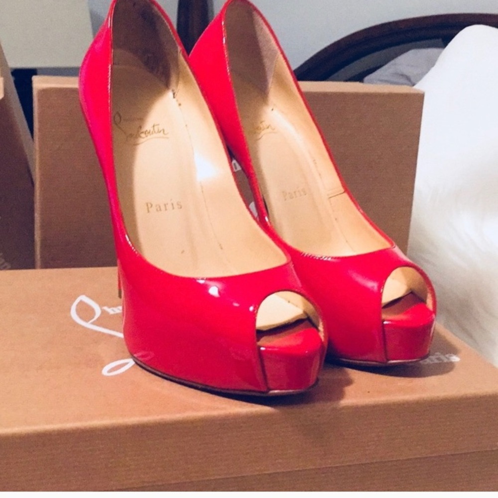 Christian louboutin red patent peep toe